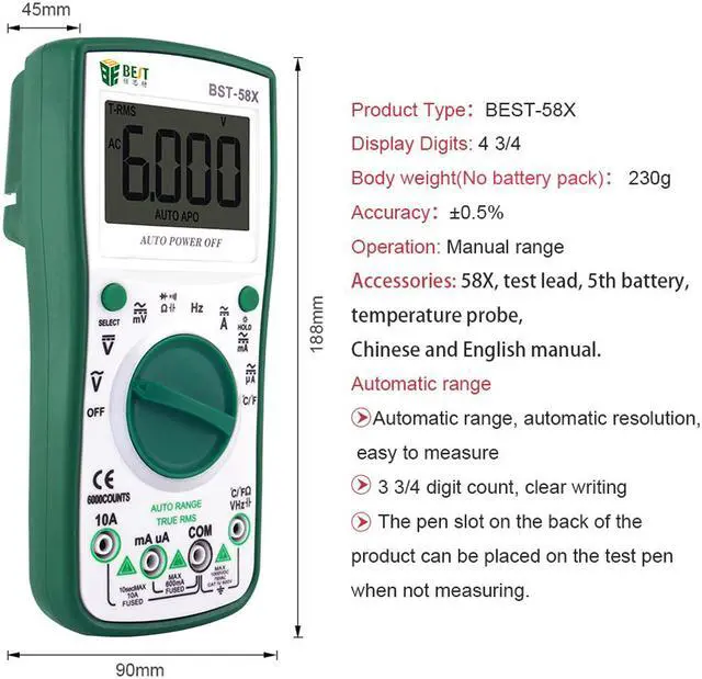 Alt view image 6 of 7 - BEST 58X Professional Digital Display Multimeter Portable Handheld High Precision Power Supply Voltage Meter with Bag