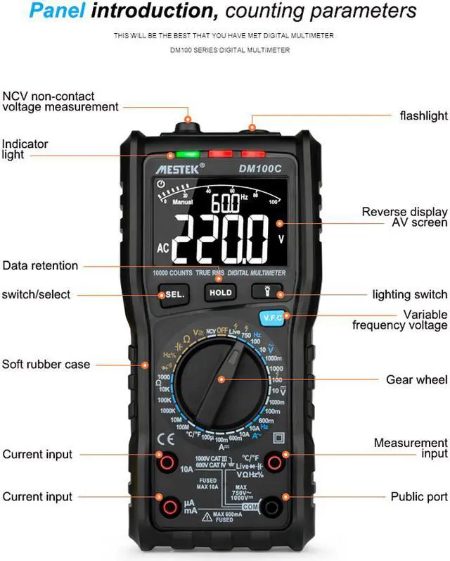 Alt view image 6 of 7 - MESTEK DM100C Analog Digital Multimeter True RMS NCV Automatic Multimeter Resistance Voltage Temperature Multimetro Non-contact Meter