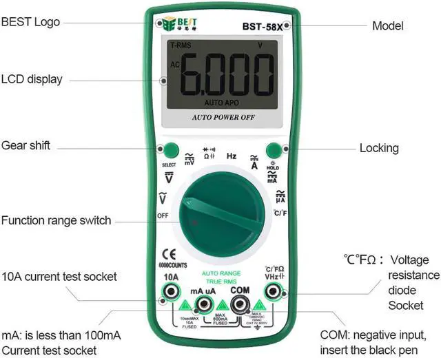 Alt view image 5 of 7 - BEST 58X Professional Digital Display Multimeter Portable Handheld High Precision Power Supply Voltage Meter with Bag