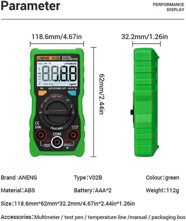 Alt view image 3 of 5 - ANENG V02B Analog Digital Multimeter Esr Meter Transistor Tester Multimetro Multimeter Auto Peak Power Off Meter Car Multi Meter - Green