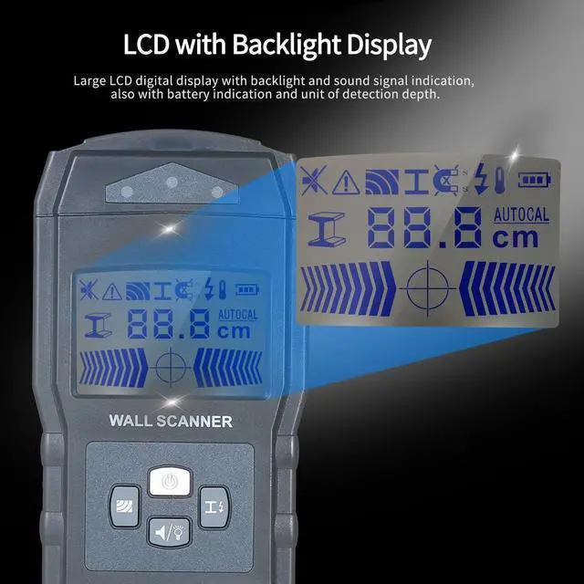 Alt view image 6 of 7 - Multi-function Stud Finder Wall Detector Sensor Wall Scanner with Large LCD Digital Wood Center Finding Metal Studs and AC Cable Live Wire Scanner Warning Detection