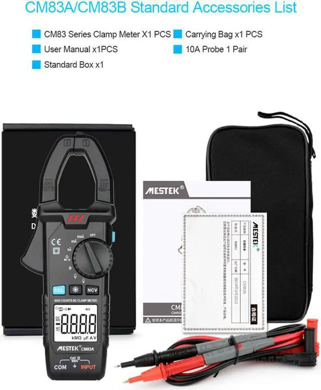 Alt view image 7 of 7 - MESTEK CM83A Digital Clamp Meter 600A AC Current 600V AC/DC Voltage Capacitance Measurement Data Hold Backlight NCV Tester Multimeter