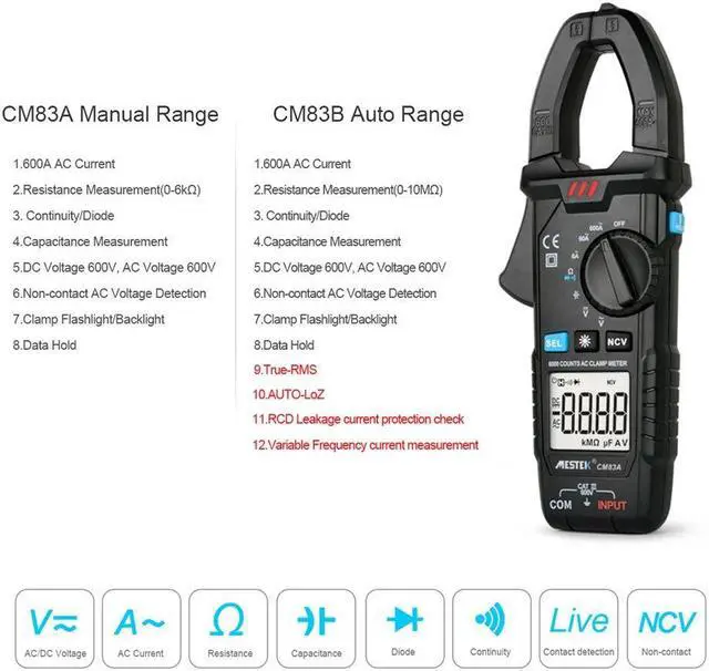 Alt view image 5 of 7 - MESTEK CM83A Digital Clamp Meter 600A AC Current 600V AC/DC Voltage Capacitance Measurement Data Hold Backlight NCV Tester Multimeter