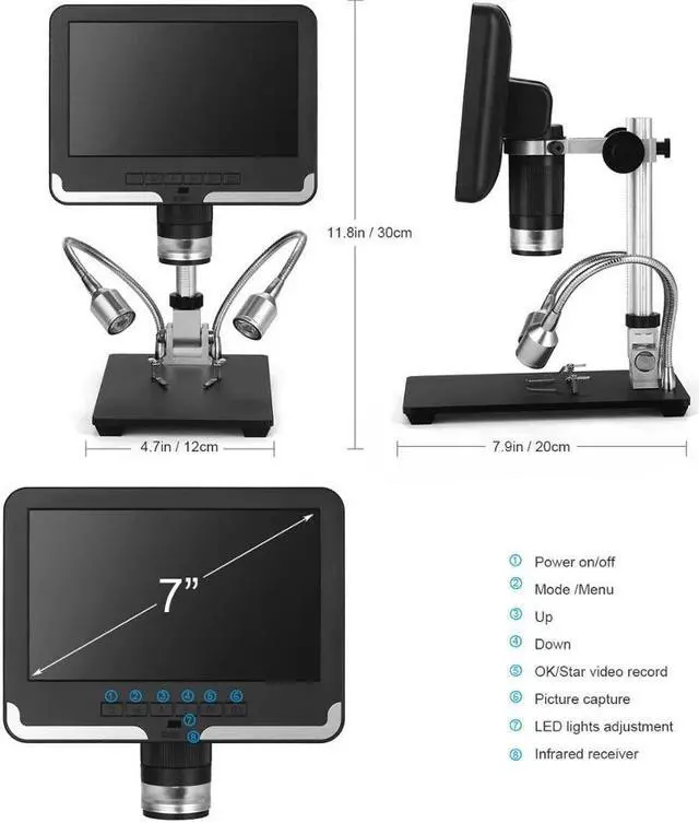 Alt view image 5 of 7 - AD206 7 Inch LCD Screen 2.0MP 200X Digital Microscope Industrial Inspection Electron Microscope Mobile Phone Repairing PCB Soldering SMT Microscopes with Remote Control - Black