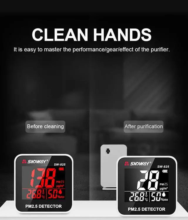 Alt view image 6 of 6 - SNDWAY SW-825 Laser PM2.5 Detector Digital Air Quality Monitor Tester w/ Alarm Gas Analyzer Temperature humidity meter Diagnostic Tool