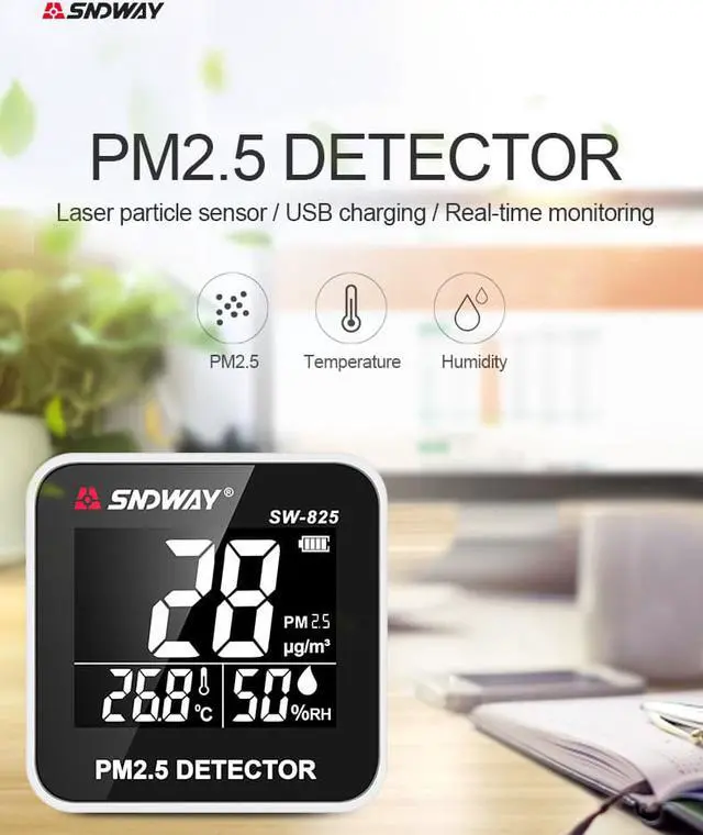 Alt view image 2 of 6 - SNDWAY SW-825 Laser PM2.5 Detector Digital Air Quality Monitor Tester w/ Alarm Gas Analyzer Temperature humidity meter Diagnostic Tool
