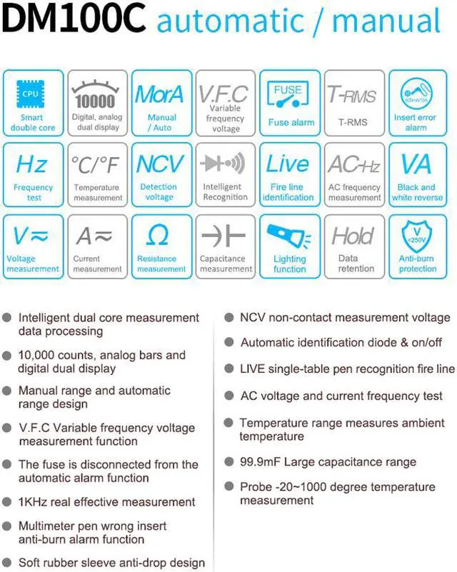Alt view image 2 of 7 - MESTEK DM100C Analog Digital Multimeter True RMS NCV Automatic Multimeter Resistance Voltage Temperature Multimetro Non-contact Meter