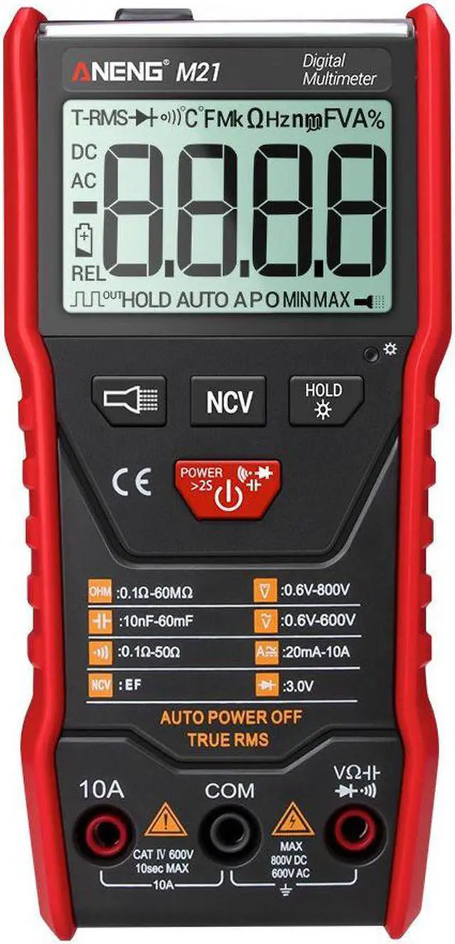 Main image of ANENG M21 Digital Auto Multimeter Meter with Backlight 6000 Counts Voltage Current Resistance Measurement Test Ammeter Voltmeter LCD Display - Red