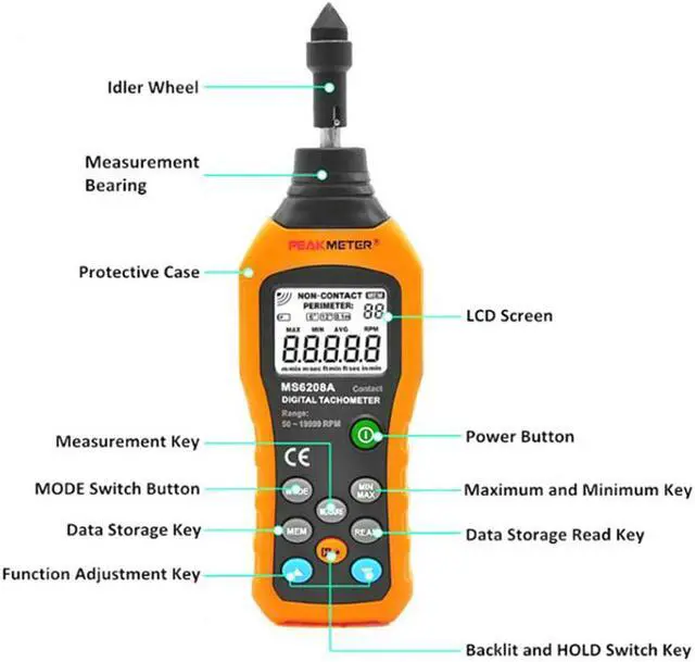 Alt view image 2 of 7 - PEAKMETER PM6208A Portable Tachometer Meter Contact-Type Digital Tachometer Meter Motor Speed Gauge Tester