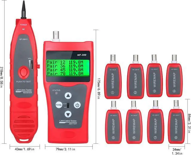 Alt view image 2 of 7 - Multi-functional LCD Network Cable Tester Wire Tracker RJ11 RJ45 BNC Wire Length Finder Line Finder LAN Cable Tester with 8 Remote Adapters