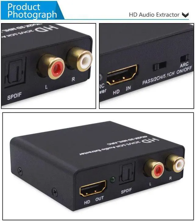 Alt view image 7 of 7 - HD 2.0 Audio Extractor Support 4K 60Hz YUV 4:4:4 and HDR HD to Optical SPDIF Analog RCA L/R 3.5mm Converter