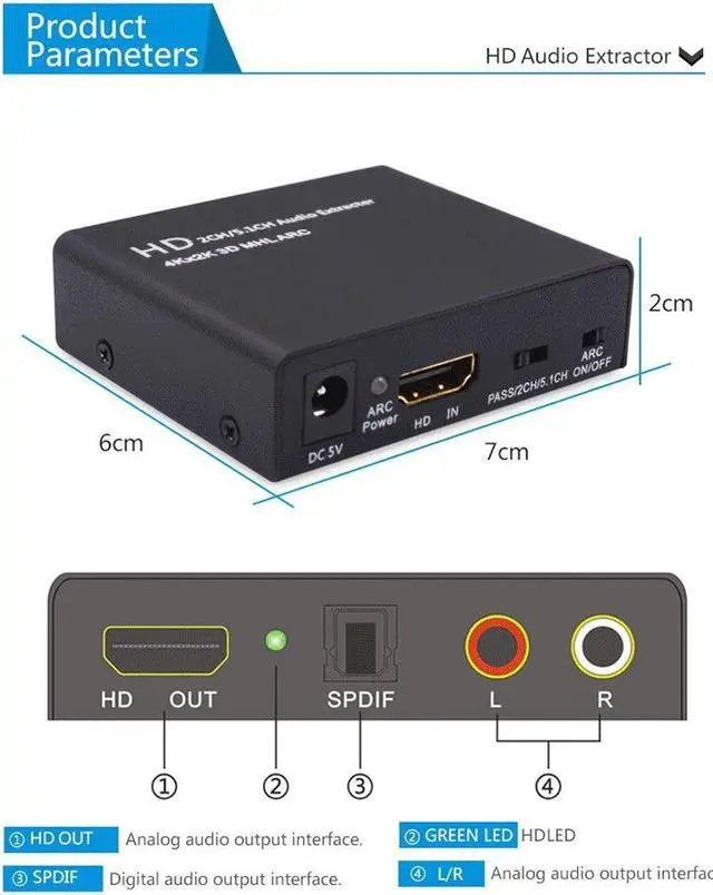 Alt view image 5 of 7 - HD 2.0 Audio Extractor Support 4K 60Hz YUV 4:4:4 and HDR HD to Optical SPDIF Analog RCA L/R 3.5mm Converter