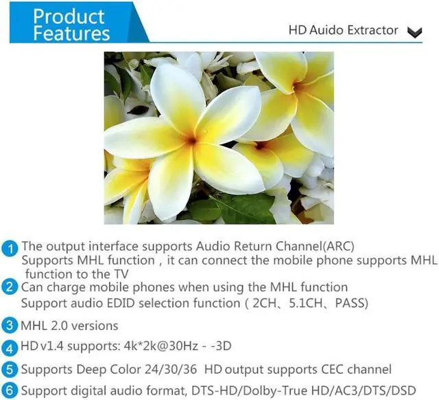 Alt view image 2 of 7 - HD 2.0 Audio Extractor Support 4K 60Hz YUV 4:4:4 and HDR HD to Optical SPDIF Analog RCA L/R 3.5mm Converter