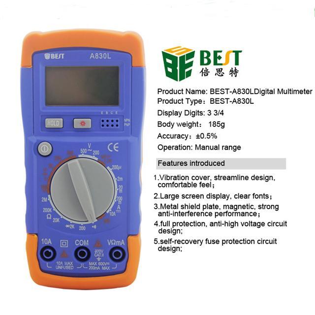 thumbnail image 2 of Digital Multimeter Portable LCD Backlight AC/DC Ammeter Voltmeter Ohm Voltage Tester Meter A830L Lead Testing Kit 2 of 10