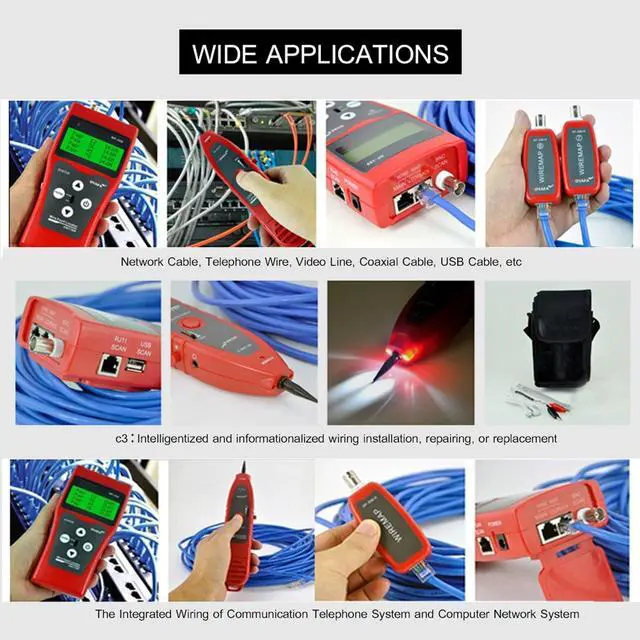 Alt view image 7 of 7 - Multi-functional LCD Network Cable Tester Wire Tracker RJ11 RJ45 BNC Wire Length Finder Line Finder LAN Cable Tester with 8 Remote Adapters