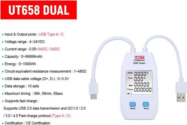 Alt view image 7 of 7 - UNI-T UT658DUAL USB Power Meter LCD USB Tester Detector