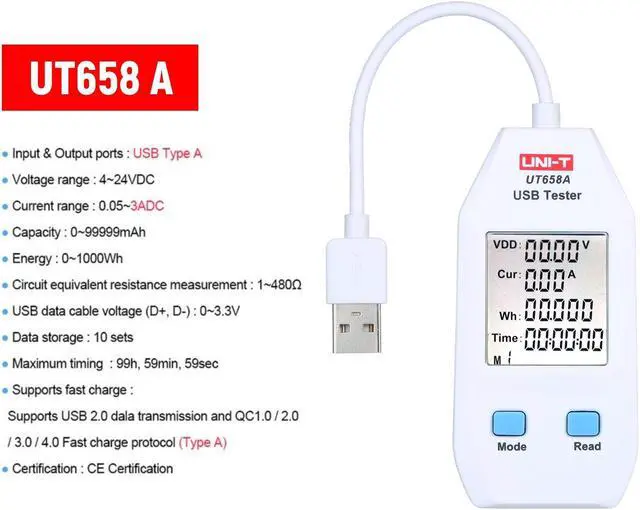 Alt view image 7 of 7 - UNI-T UT658A USB Power Meter USB Tester Detector USB Voltmeter Digital Power Capacity Tester