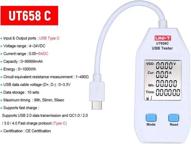 Alt view image 2 of 7 - UNI-T UT658C USB Power Meter LCD USB Tester Detector Voltmeter Ammeter Digital Power Capacity Tester