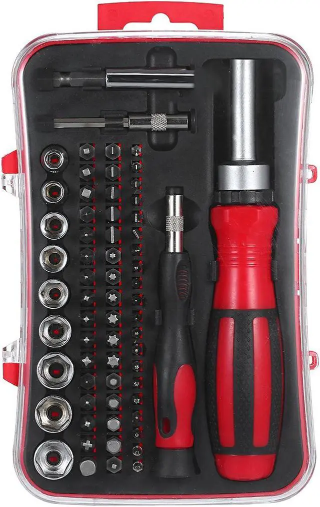 Main image of 65PCS Ratchet Nut Driver and Screwdriver Kit Low-magnetic Screw Driver Bit and 1/4-Inch Drive Socket Set with 51-Piece Slotted/Philips/Pozi/Torx/Square/Hexagon Bits + 9-Piece Sockets + 2-Piece Extensi
