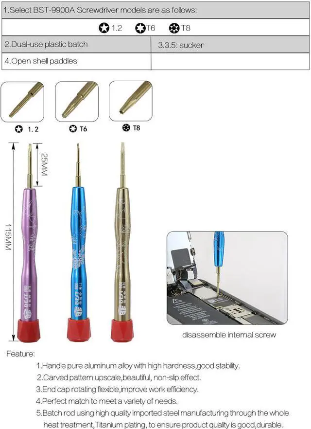 Alt view image 3 of 5 - BST-9900C 6 in 1 Precision Screwdriver Kit 0.8 Pentalobe T6 T8 Trox Suction Cup Spudger for Mobile Phone Repair Tools Set