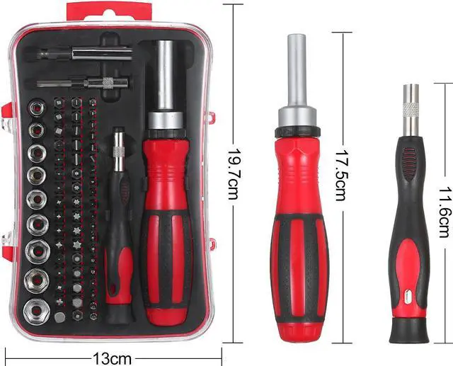 Alt view image 2 of 7 - 65PCS Ratchet Nut Driver and Screwdriver Kit Low-magnetic Screw Driver Bit and 1/4-Inch Drive Socket Set with 51-Piece Slotted/Philips/Pozi/Torx/Square/Hexagon Bits + 9-Piece Sockets + 2-Piece Extensi