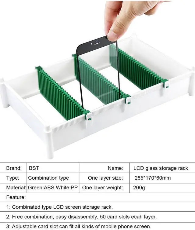 Alt view image 2 of 5 - Anti Static Adjustable LCD Screen Holder Plastic Tray for iPhone Samsung Dismountable Mobile Tempered Glass Storage Box - 1 Floor