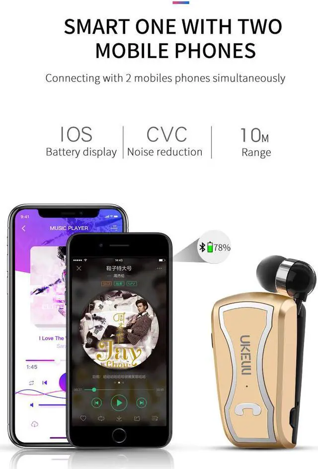 Alt view image 5 of 6 - UKELILI UK-880 Wireless Bluetooth Headset Earphones In-Ear UK-890 Vibrating Alert Wear Clip Hands Free Earphone For Smartphones (White)