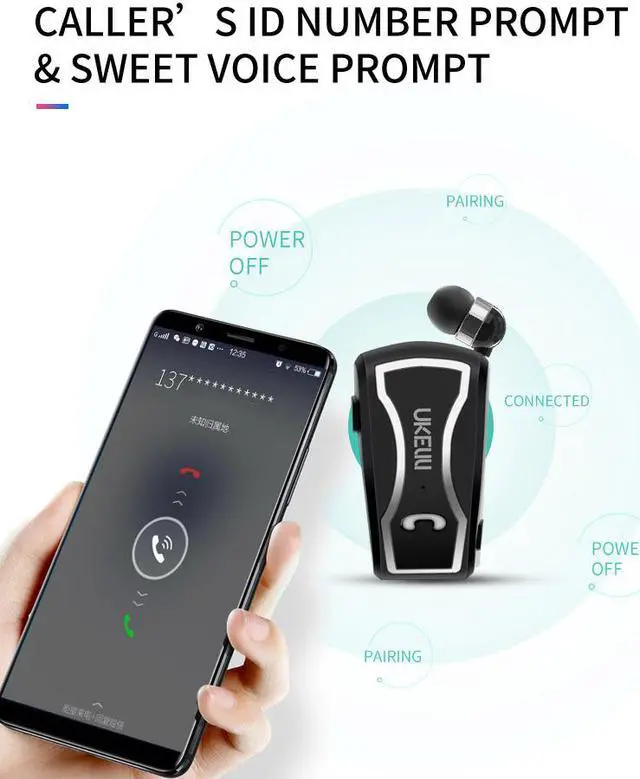 Alt view image 3 of 6 - UKELILI UK-880 Wireless Bluetooth Headset Earphones In-Ear UK-890 Vibrating Alert Wear Clip Hands Free Earphone For Smartphones (Black)