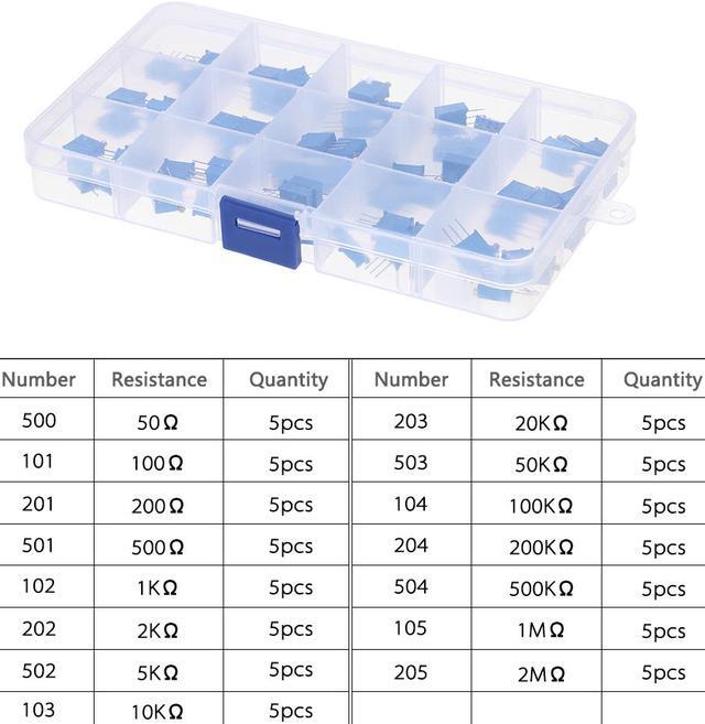 Alt view image 2 of 6 - 75pcs 3296W Multiturn Trimmer Potentiometer Assorted Kit Variable Resistors 15 Values 50-2M ohm