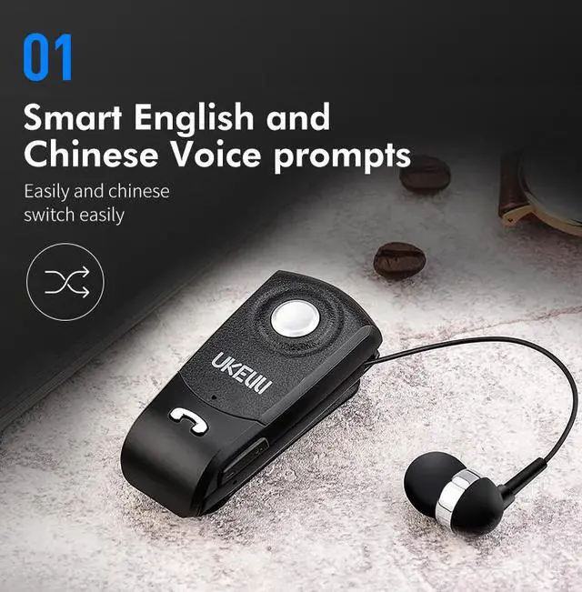 Alt view image 2 of 6 - UKELILI UK-8 Mini Wireless Retractable Portable Bluetooth Headset Calls Remind Vibration Wear Clip Sports Running Earphone (White)