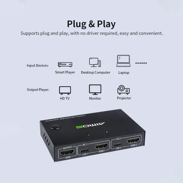 Alt view image 2 of 7 - AIMOS AM-KVM201CC 2-Port HDMI KVM Switch Support 4K*2K@30Hz HDMI KVM Switcher Keyboard Mouse USB