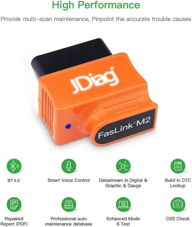 Alt view image 7 of 7 - JDiag Enhanced BT FASLINK M2 OBDII Scanner Professional Vehicle Diagnostic Tool Car Engine Code Reader for IOS and Android With Voice Control Function - Orange