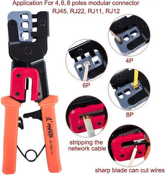 Alt view image 3 of 7 - 3-In-1 Crimping Tool PassThrough Cutter for RJ22/4P RJ11/6P RJ45/8P Ethernet Network LAN Cable Plier Crystal Head Cable Cutter Peeling Shear