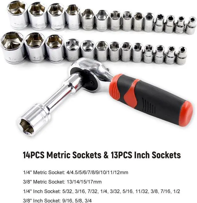 Alt view image 4 of 7 - 49PCS Portable Ratchet Screwdriver Socket Wrench Spanner Set Kit Metric and Inch 1/4" 3/8" Drive with 16-Pieces Screwdriver Bits
