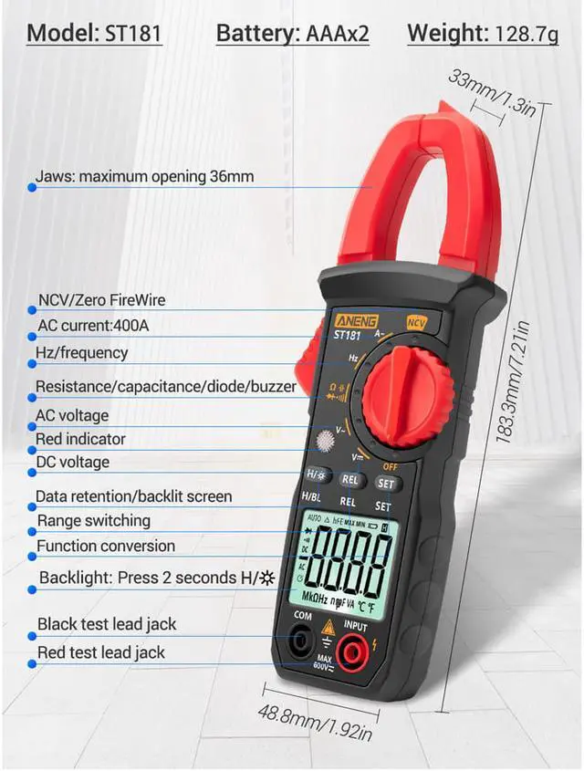 Alt view image 5 of 5 - ANENG ST181 Digital Clamp Meter DC/AC Current 4000 Counts Multimeter Ammeter Voltage Tester Car Amp Hz Capacitance NCV Ohm Test