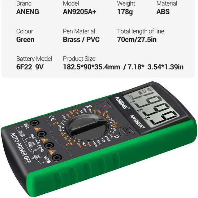 Alt view image 6 of 7 - ANENG DT9205A+ Digital Multimeter AC/DC Profesional Transistor Tester Electrical Multimetro NCV Test Meter Auto Range Ture RMS - Green