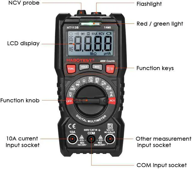 Alt view image 5 of 7 - HABOTEST HT113B NCV Digital Multimeter Auto Range True RMS 4000 Counts AC/DC Voltage Meter Flash light Backlight Large Screen