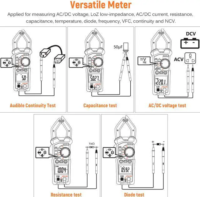 Alt view image 7 of 7 - 600A AC/DC Digital Clamp Meter with Temperature Auto Ranging Multimeter with Audible Continuity Beep True-RMS Clamp Meter Tester