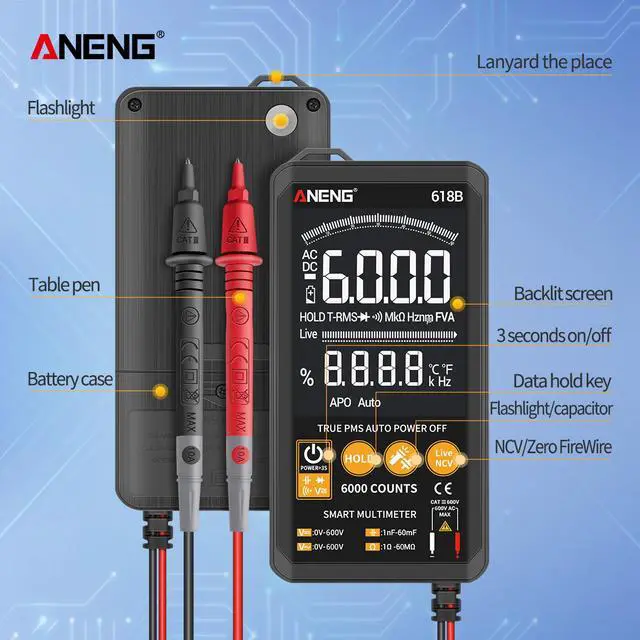 Alt view image 6 of 7 - ANENG 618B Smart Touch Digital Multimeter DC/AC Analog Tester True RMS Professional Transistor Capacitor NCV Auto/Manual Multimetro