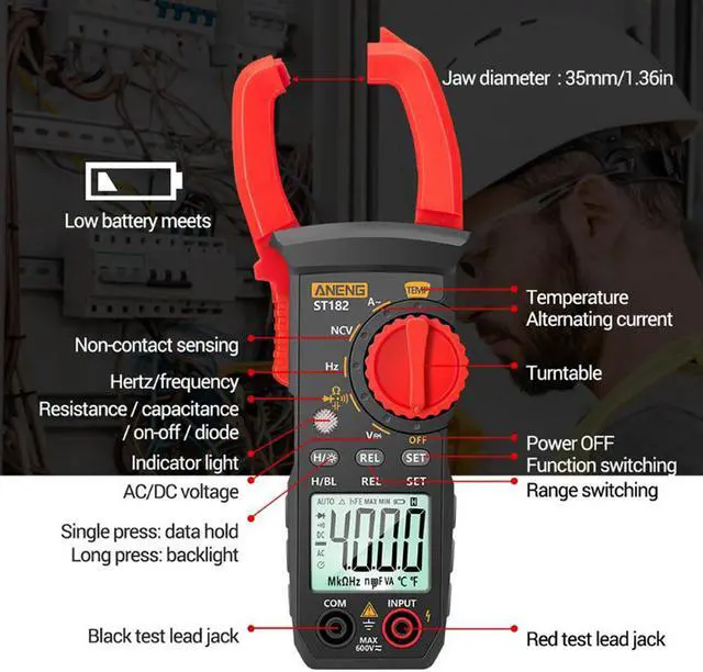 Alt view image 4 of 7 - ANENG ST182 Digital Clamp Meter Ammeter AC Current Multimeter DC/AC Voltage Tester Amp Hz Capacitance NCV Ohm Temperature Test