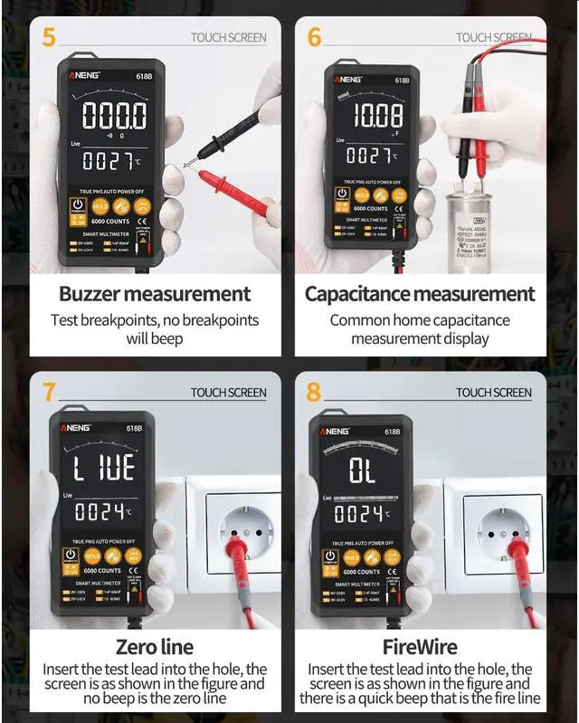 Alt view image 5 of 7 - ANENG 618B Smart Touch Digital Multimeter DC/AC Analog Tester True RMS Professional Transistor Capacitor NCV Auto/Manual Multimetro