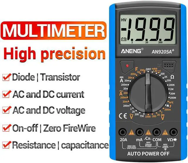 Alt view image 2 of 3 - ANENG DT9205A+ Digital Multimeter AC/DC Profesional Transistor Tester Electrical Multimetro NCV Test Meter Auto Range Ture RMS - Blue