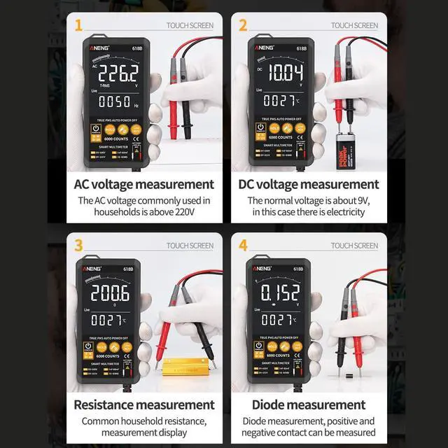 Alt view image 7 of 7 - ANENG 618B Smart Touch Digital Multimeter DC/AC Analog Tester True RMS Professional Transistor Capacitor NCV Auto/Manual Multimetro