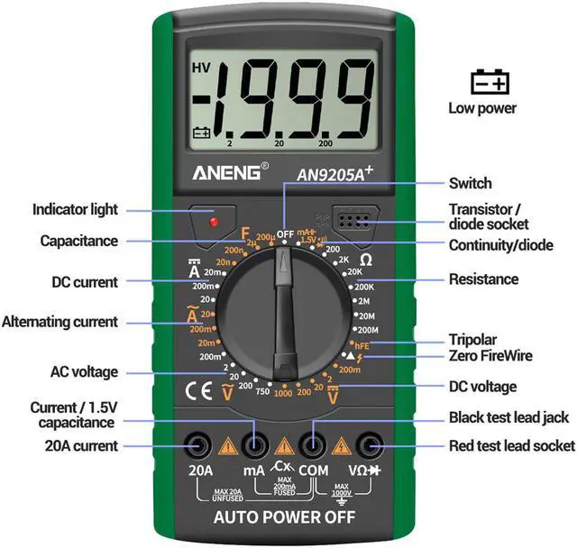 Alt view image 2 of 7 - ANENG DT9205A+ Digital Multimeter AC/DC Profesional Transistor Tester Electrical Multimetro NCV Test Meter Auto Range Ture RMS - Green