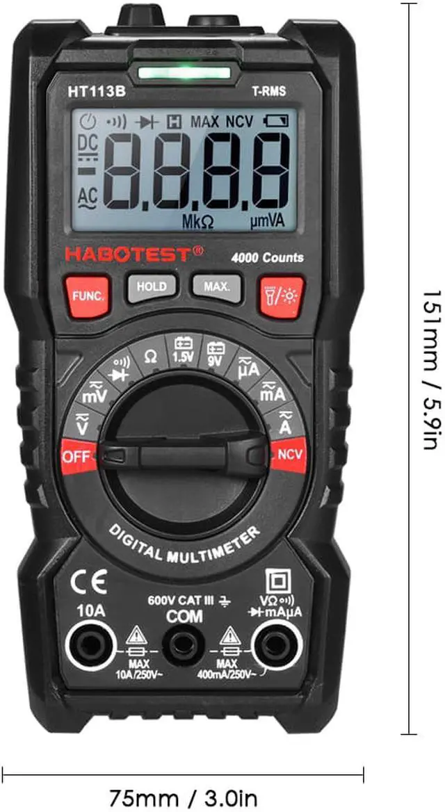 Alt view image 3 of 7 - HABOTEST HT113B NCV Digital Multimeter Auto Range True RMS 4000 Counts AC/DC Voltage Meter Flash light Backlight Large Screen