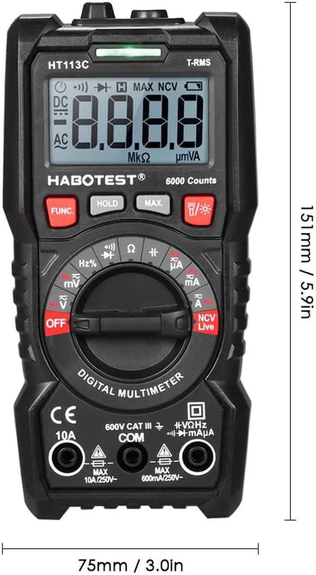 Alt view image 5 of 7 - HABOTEST HT113C NCV Digital Multimeter Auto Range True RMS 6000 Counts AC/DC Voltage Meter Flash light Backlight Large Screen