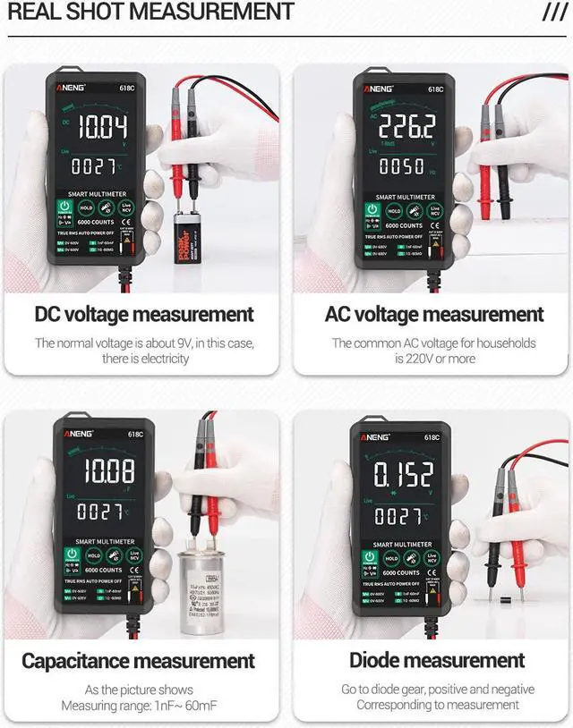 Alt view image 4 of 7 - ANENG 618C Digital Multimeter Smart Touch AC DC Analog Bar True RMS Auto Tester Professional Transistor Capacitor NCV Tester Meter