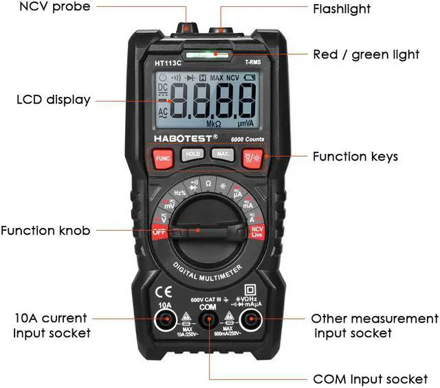 Alt view image 3 of 7 - HABOTEST HT113C NCV Digital Multimeter Auto Range True RMS 6000 Counts AC/DC Voltage Meter Flash light Backlight Large Screen