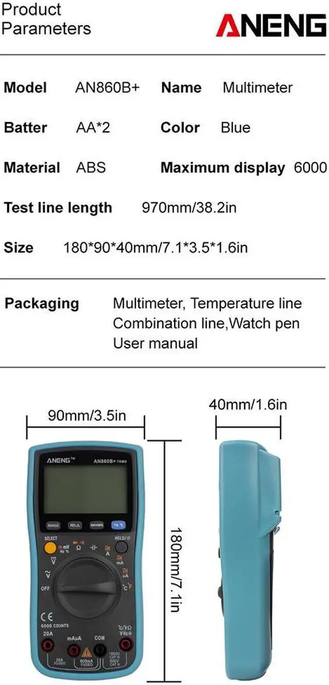 Alt view image 3 of 7 - ANENG AN860B+ Tester Digital Multimeter Profesional 6000 Counts Detector Tester Peak Multimetro Meter Analogico EsrLcr Meter - Blue