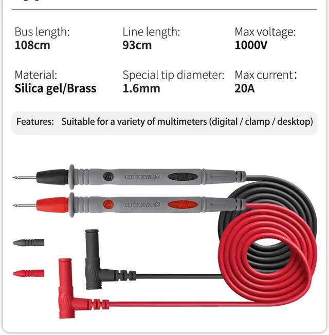 Alt view image 4 of 5 - 2020 New PT1033 Multimeter Test Lead 1000V Flame Retardant Needle Probe Silicone Cable